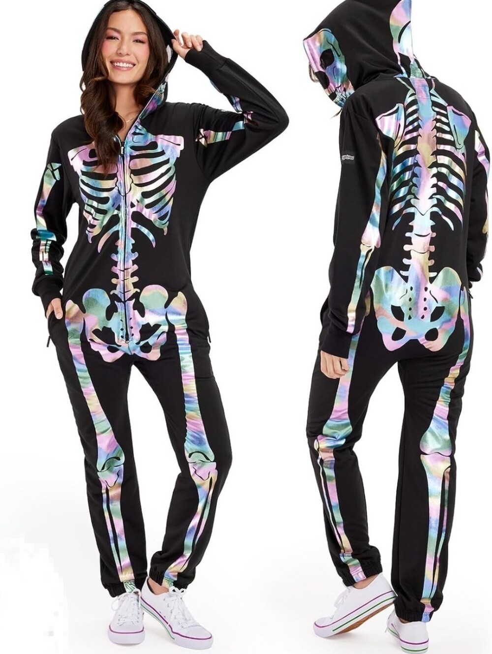 Tipsy Elves Black Onesie with Rainbow Tie-Dye Skeleton Print